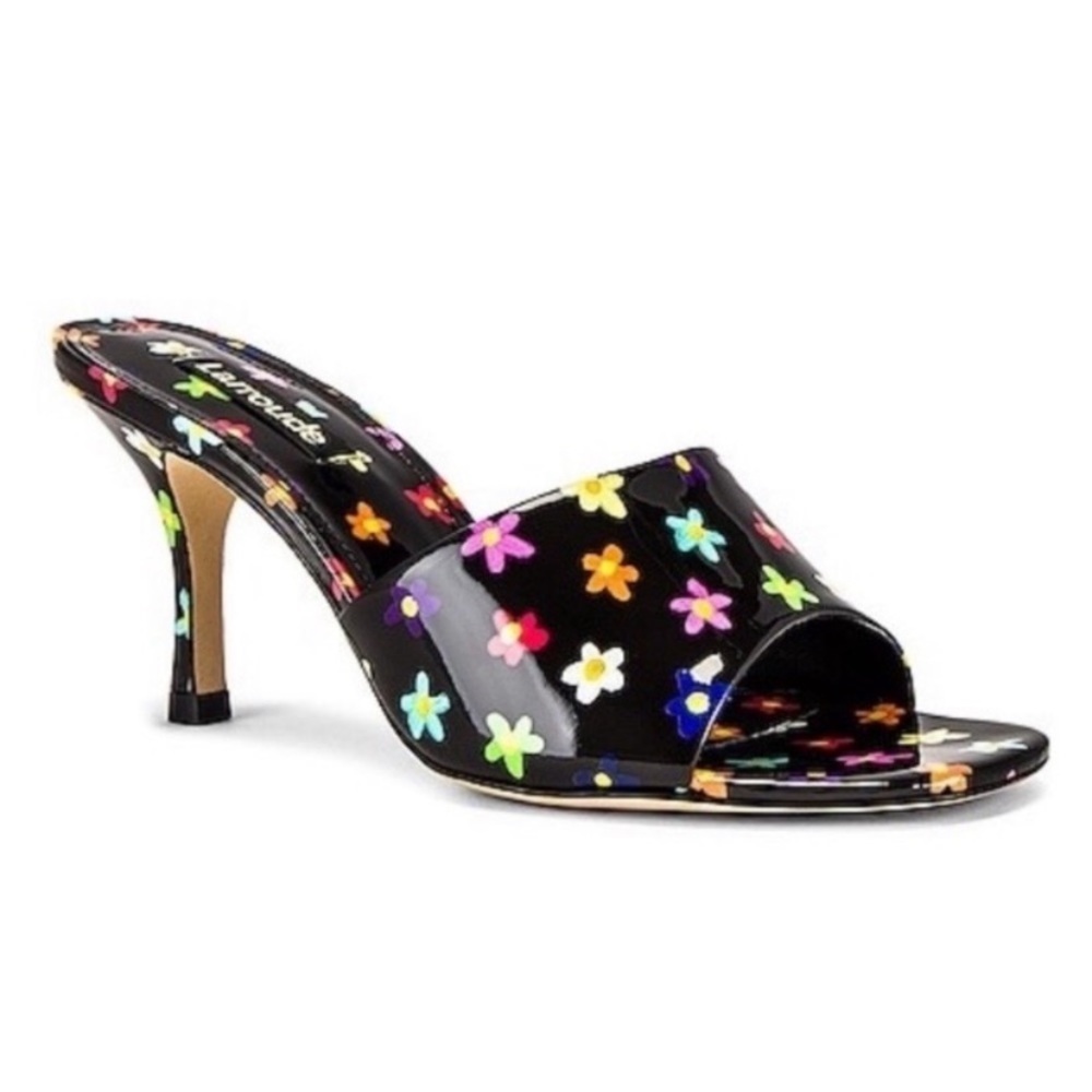 NEW Larroude Colette Heeled Mule Sandal Black Patent Floral Daisies Size 7.5